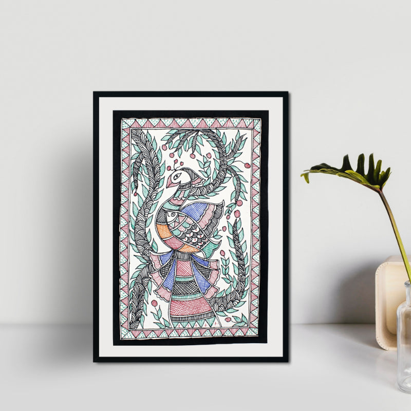 Madhubani Hand Made Painting | Mayur Meen Raj | 13inch X 10inch with Frame