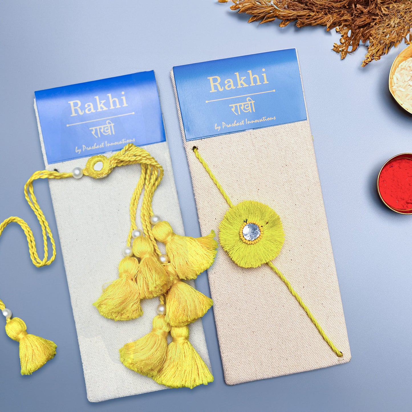 Lumba Rakhi For Bhaiya Bhabhi | Radiant Yellow Bead & Mirror