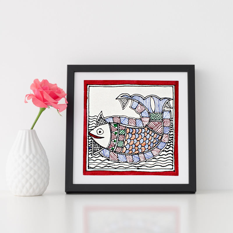 Madhubani Hand Made Painting | Fish Painting | 6inch X 6inch with Frame
