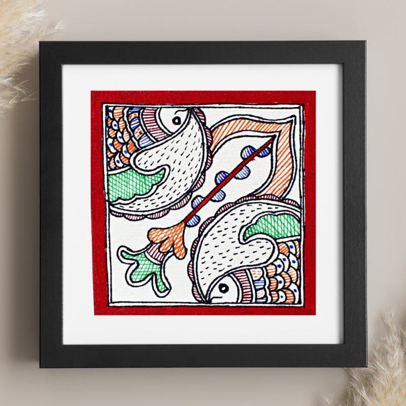 Madhubani Hand Made Painting | Jalashay Matsy | 6inch X 6inch with Frame