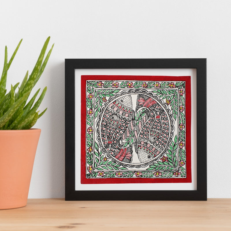 Madhubani Hand Made Painting | Meen Nritya | 10inch X 10inch with Frame