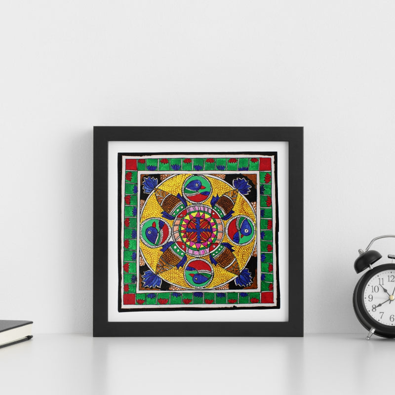 Madhubani Hand Made Painting | Bharni Kamal Meen | 10inch X 10inch with Frame