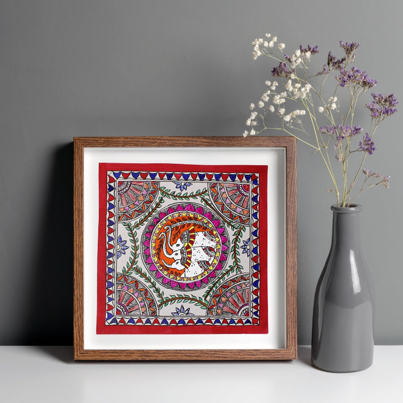 Madhubani Hand Made Painting | Gajh Swagat | 10inch X 10inch with Frame
