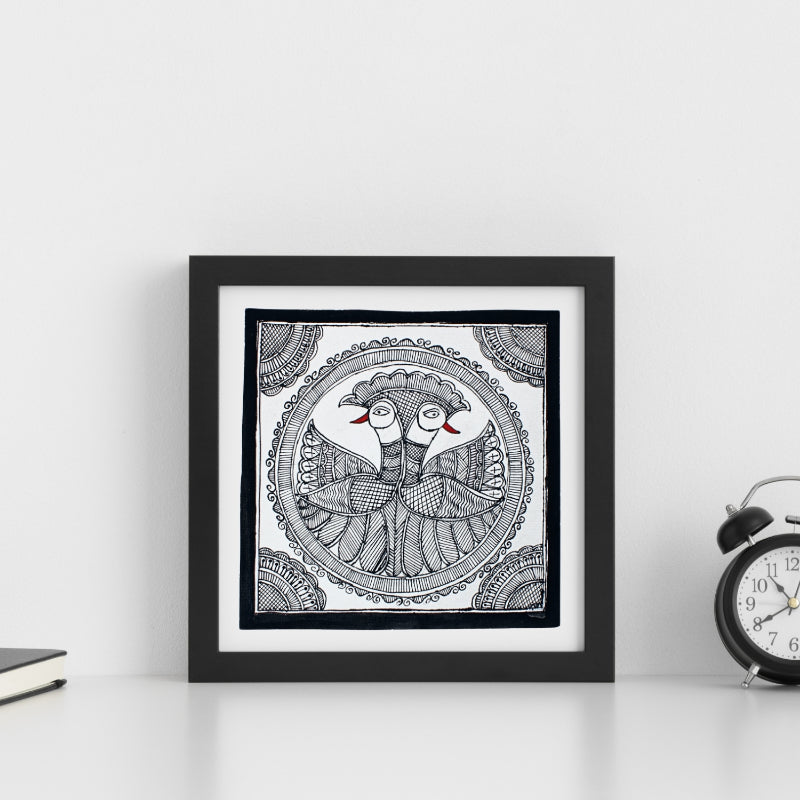 Madhubani Hand Made Painting | Kachni Mayur Sawagat | 10inch X 10inch with Frame