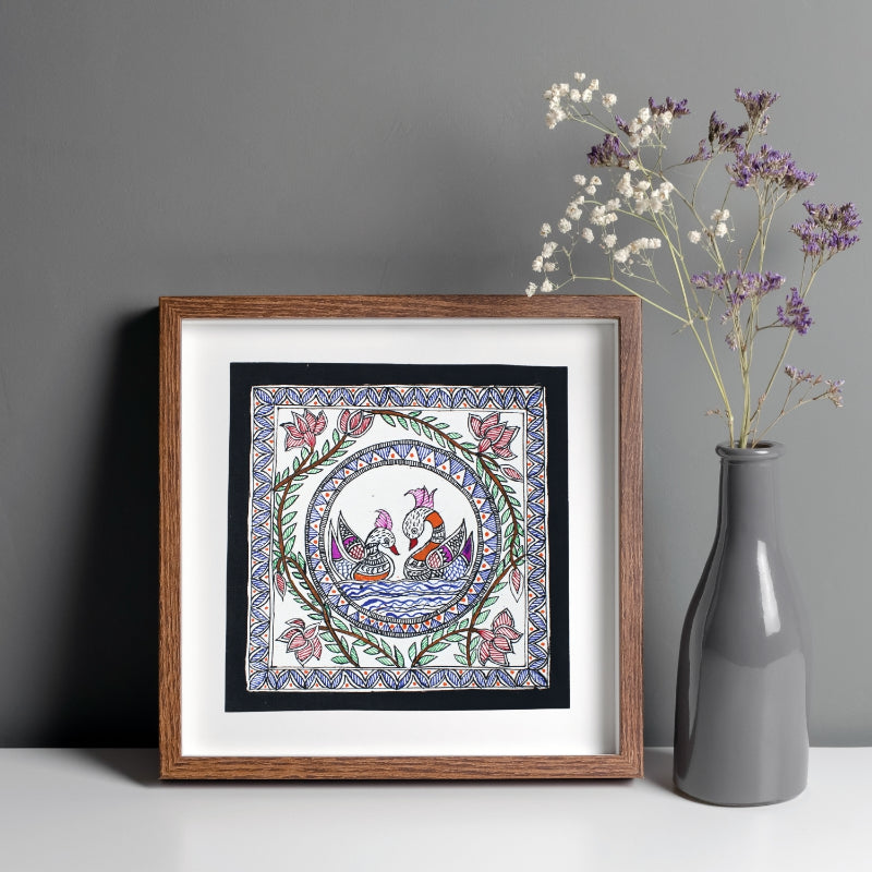 Madhubani Hand Made Painting | Yugul Hans | 10inch X 10inch with Frame