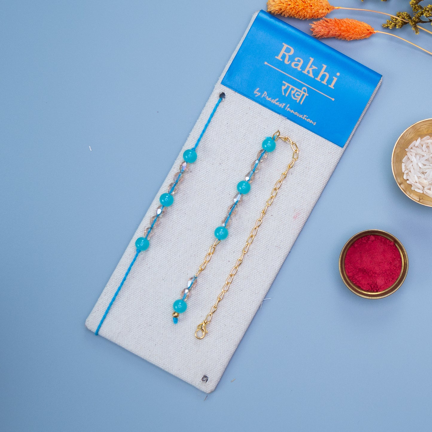 Lumba Rakhi For Bhaiya Bhabhi | Blue Beads and White Crystals on Chain