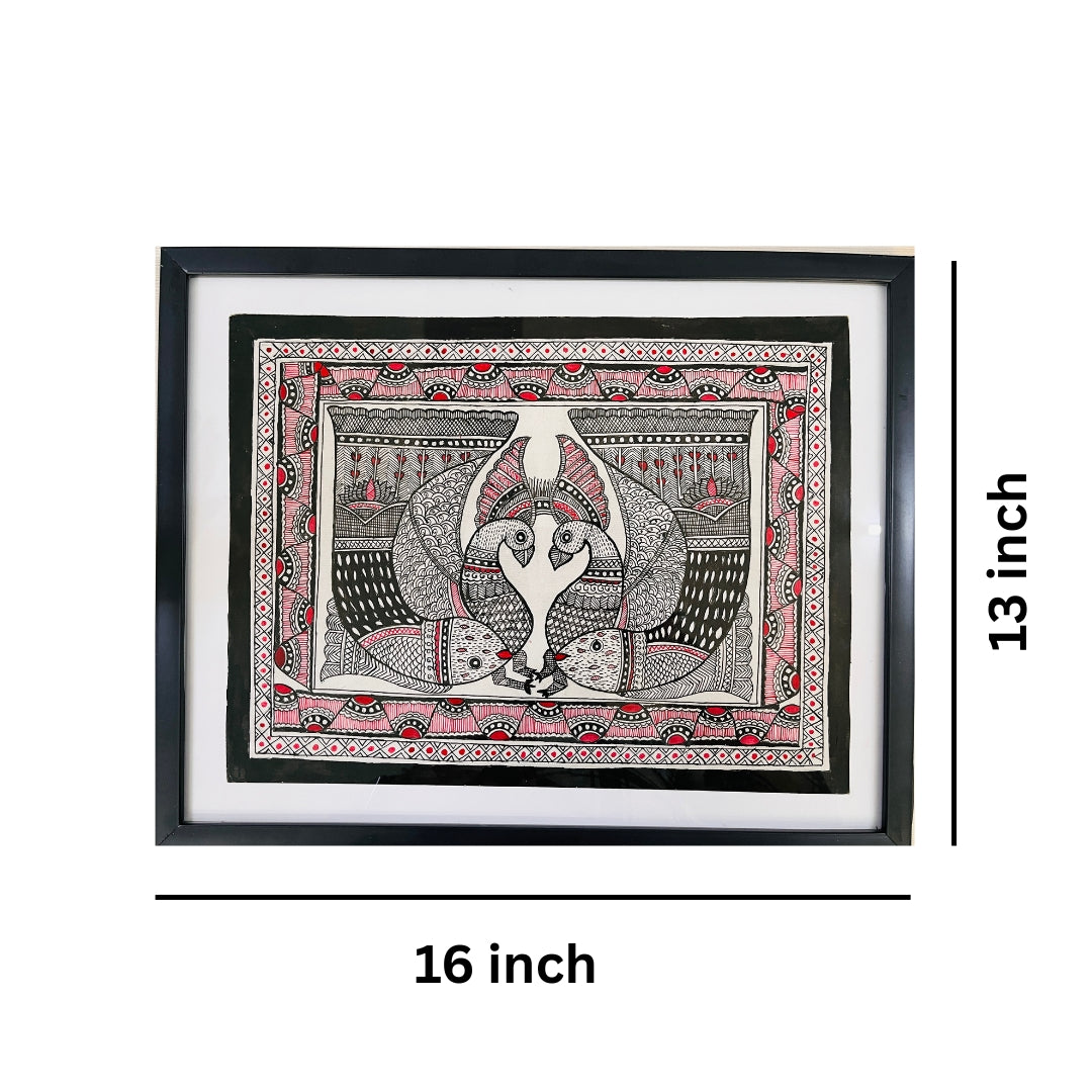 Madhubani Painting| dve Mayūra | 13inch X 16inch with Frame