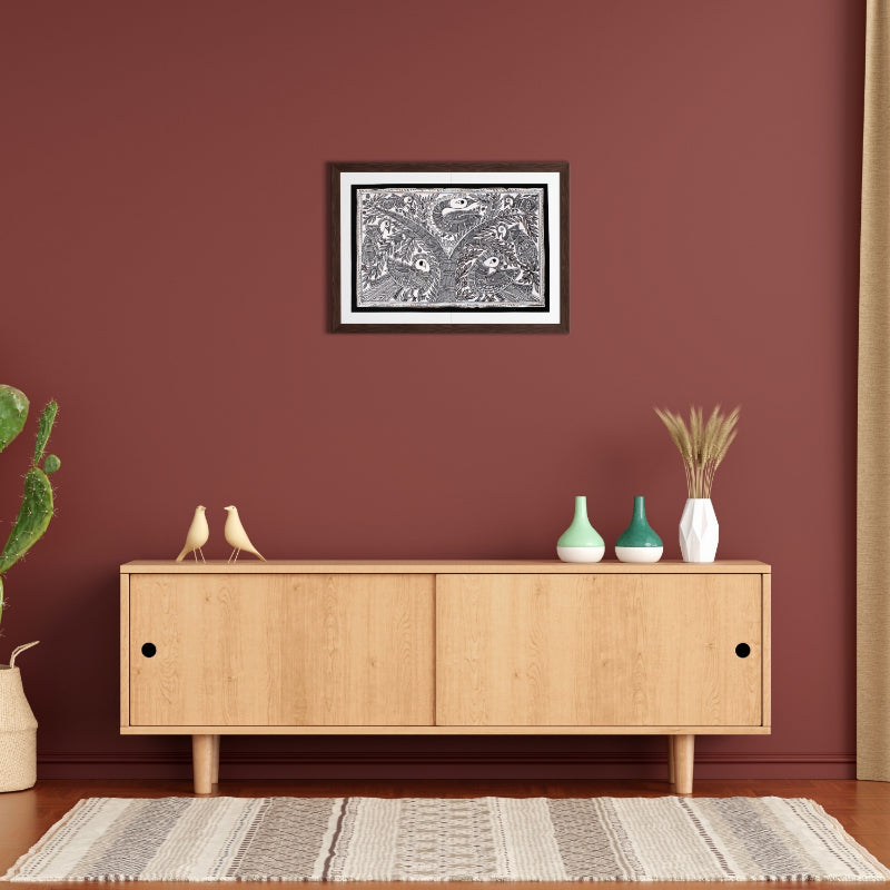 Madhubani Painting Black and White | Kachni Mayur | 10inch X 13inch with Frame