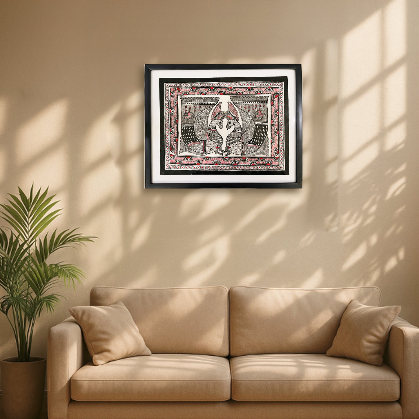 Madhubani Painting| dve Mayūra | 13inch X 16inch with Frame