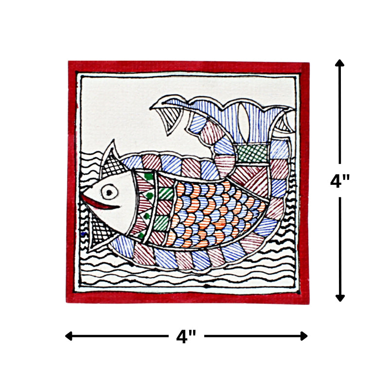 Madhubani Hand Made Painting | Fish Painting | 6inch X 6inch with Frame