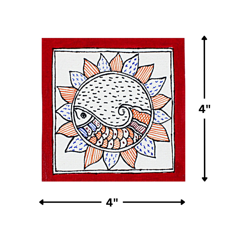 Madhubani Hand Made Painting | Makar Pushp | 6inch X 6inch with Frame