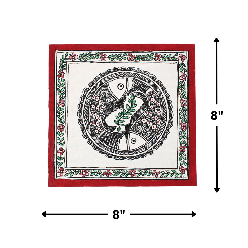 Madhubani Hand Made Painting | Godhana Meen Naach | 10inch X 10inch with Frame