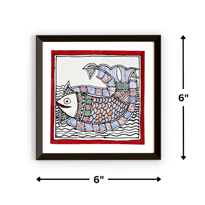 Madhubani Hand Made Painting | Fish Painting | 6inch X 6inch with Frame