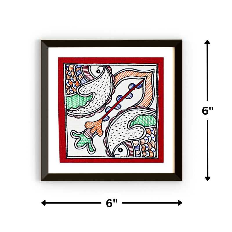 Madhubani Hand Made Painting | Jalashay Matsy | 6inch X 6inch with Frame