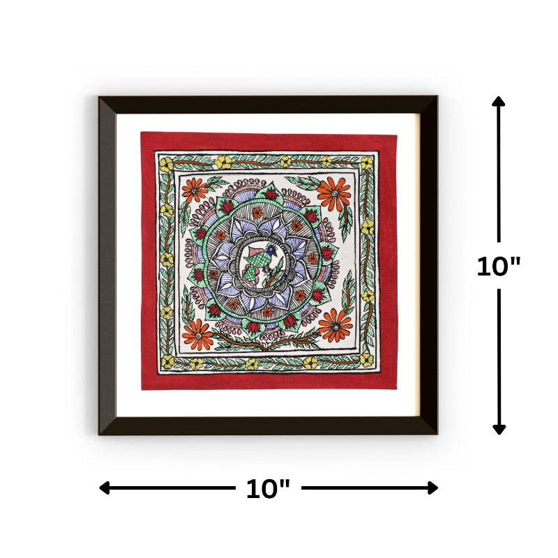 Madhubani Hand Made Painting | Mayur Pushp | 10inch X 10inch with Frame