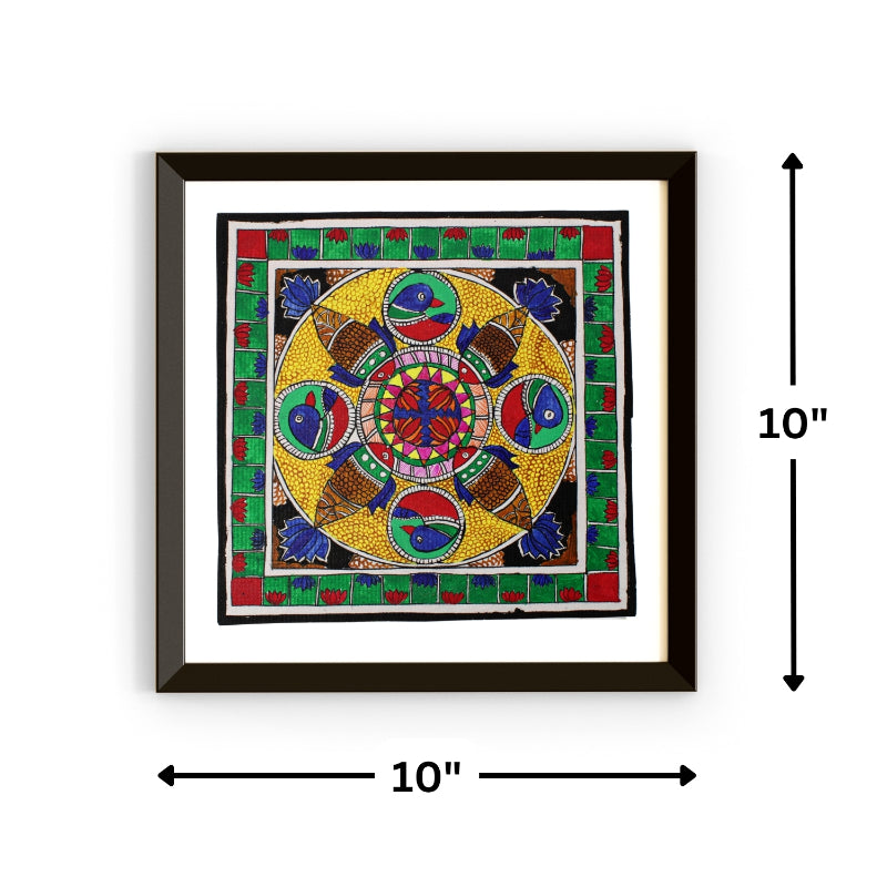 Madhubani Hand Made Painting | Bharni Kamal Meen | 10inch X 10inch with Frame