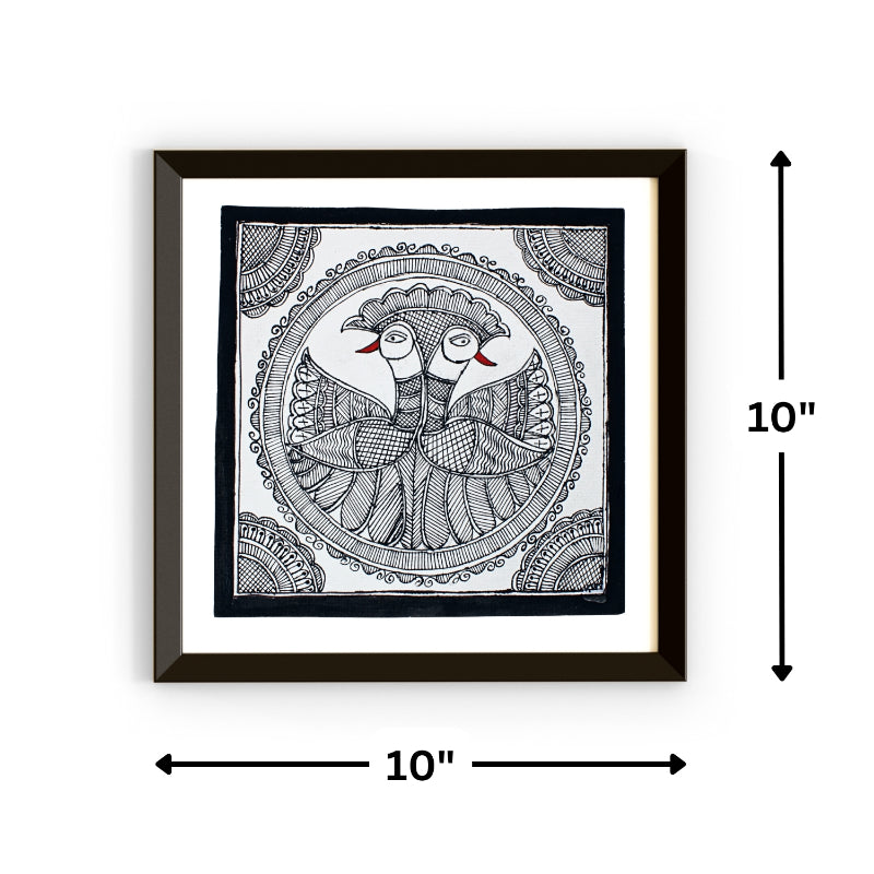 Madhubani Hand Made Painting | Kachni Mayur Sawagat | 10inch X 10inch with Frame