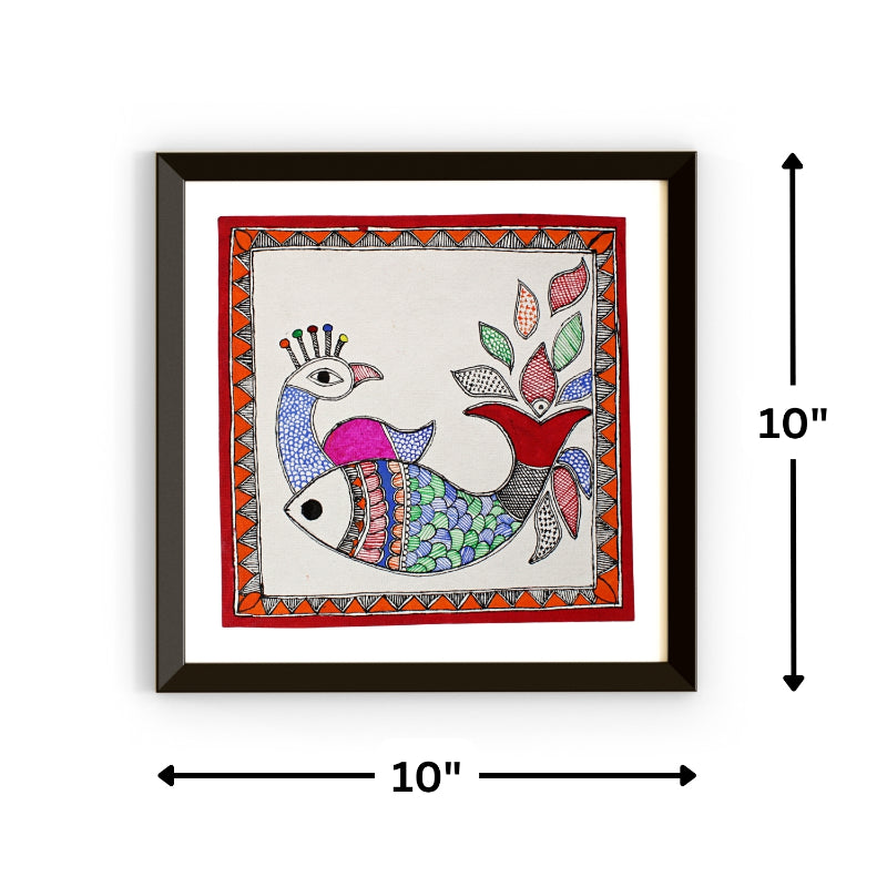 Madhubani Hand Made Painting | Mayur Meen Nritya | 10inch X 10inch with Frame