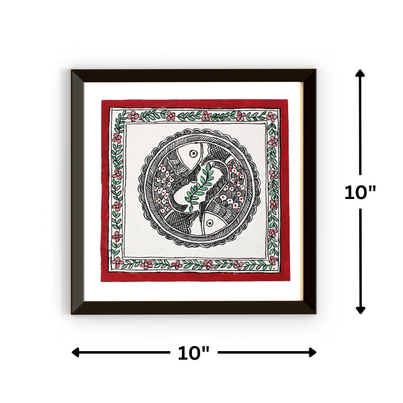 Madhubani Hand Made Painting | Godhana Meen Naach | 10inch X 10inch with Frame