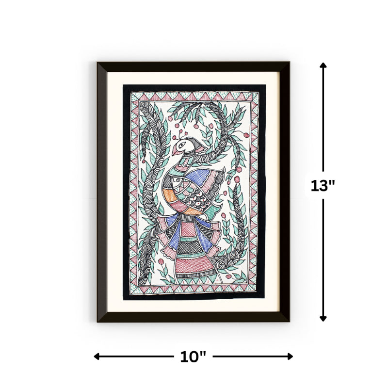 Madhubani Hand Made Painting | Mayur Meen Raj | 13inch X 10inch with Frame