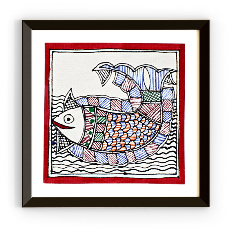 Madhubani Hand Made Painting | Fish Painting | 6inch X 6inch with Frame