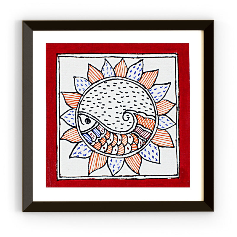 Madhubani Hand Made Painting | Makar Pushp | 6inch X 6inch with Frame