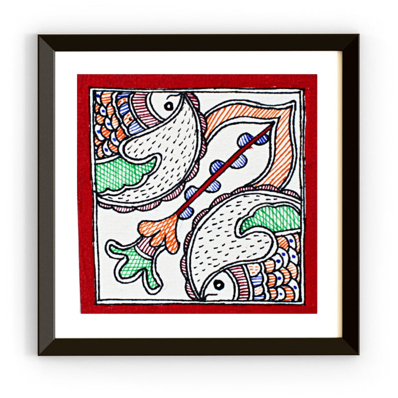 Madhubani Hand Made Painting | Jalashay Matsy | 6inch X 6inch with Frame