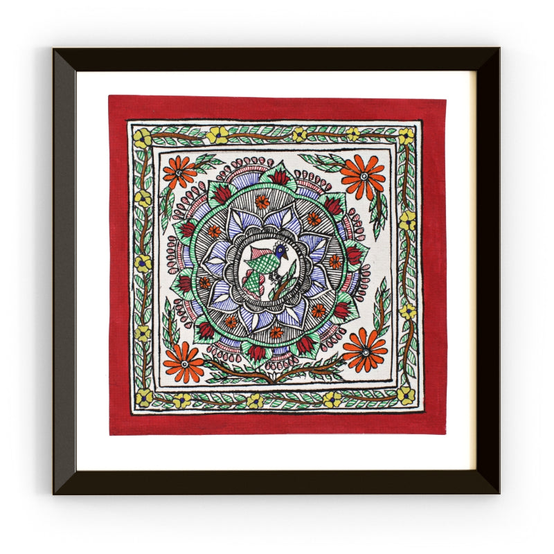 Madhubani Hand Made Painting | Mayur Pushp | 10inch X 10inch with Frame