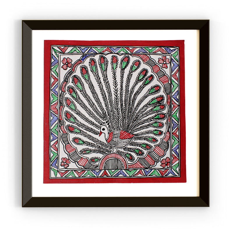 Madhubani Hand Made Painting | Mayur Naach | 10inch X 10inch with Frame