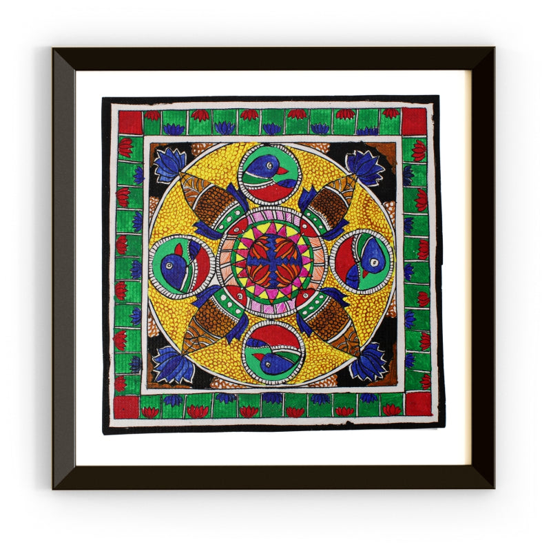 Madhubani Hand Made Painting | Bharni Kamal Meen | 10inch X 10inch with Frame