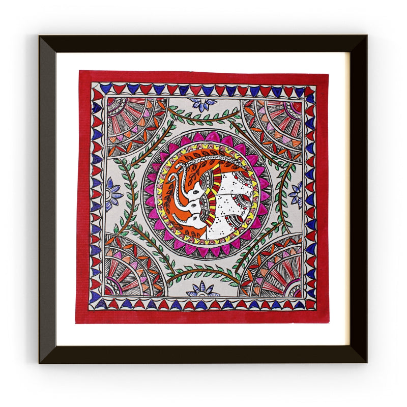 Madhubani Hand Made Painting | Gajh Swagat | 10inch X 10inch with Frame