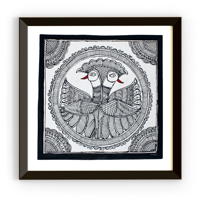 Madhubani Hand Made Painting | Kachni Mayur Sawagat | 10inch X 10inch with Frame