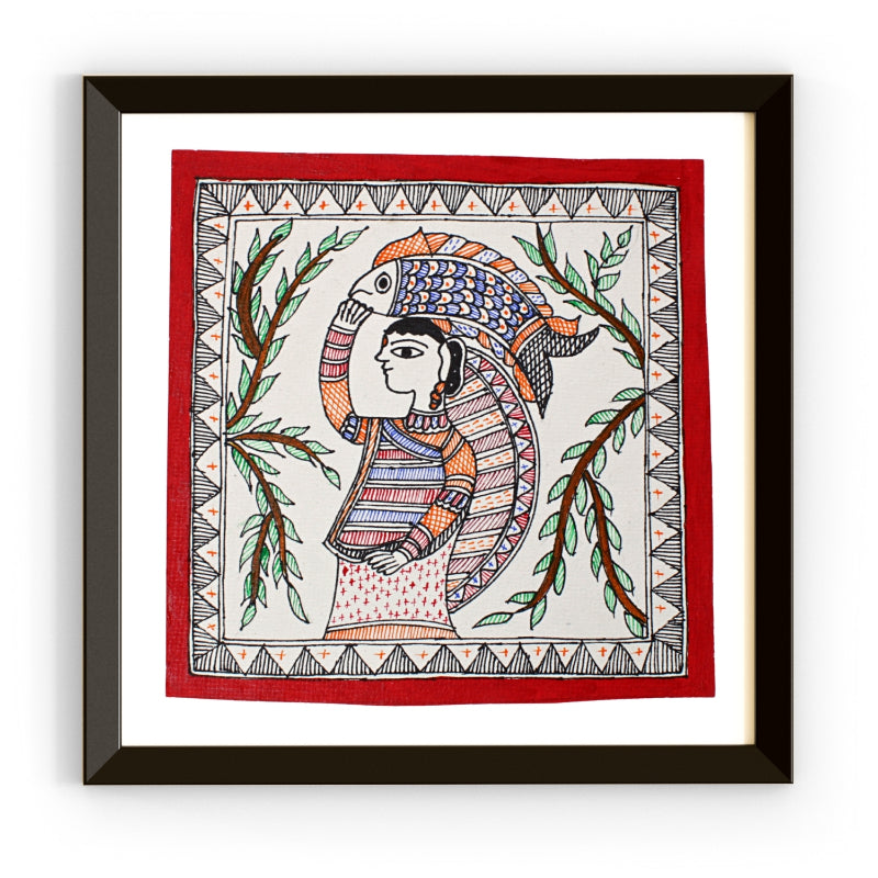Madhubani Hand Made Painting | Machhuaarin | 10inch X 10inch with Frame