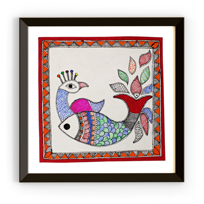 Madhubani Hand Made Painting | Mayur Meen Nritya | 10inch X 10inch with Frame