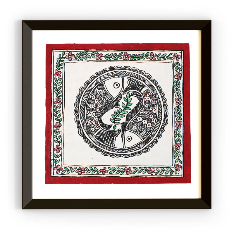 Madhubani Hand Made Painting | Godhana Meen Naach | 10inch X 10inch with Frame