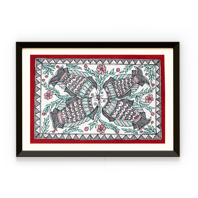 Madhubani Hand Made Painting | Meen Milan | 13inch X 10inch with Frame