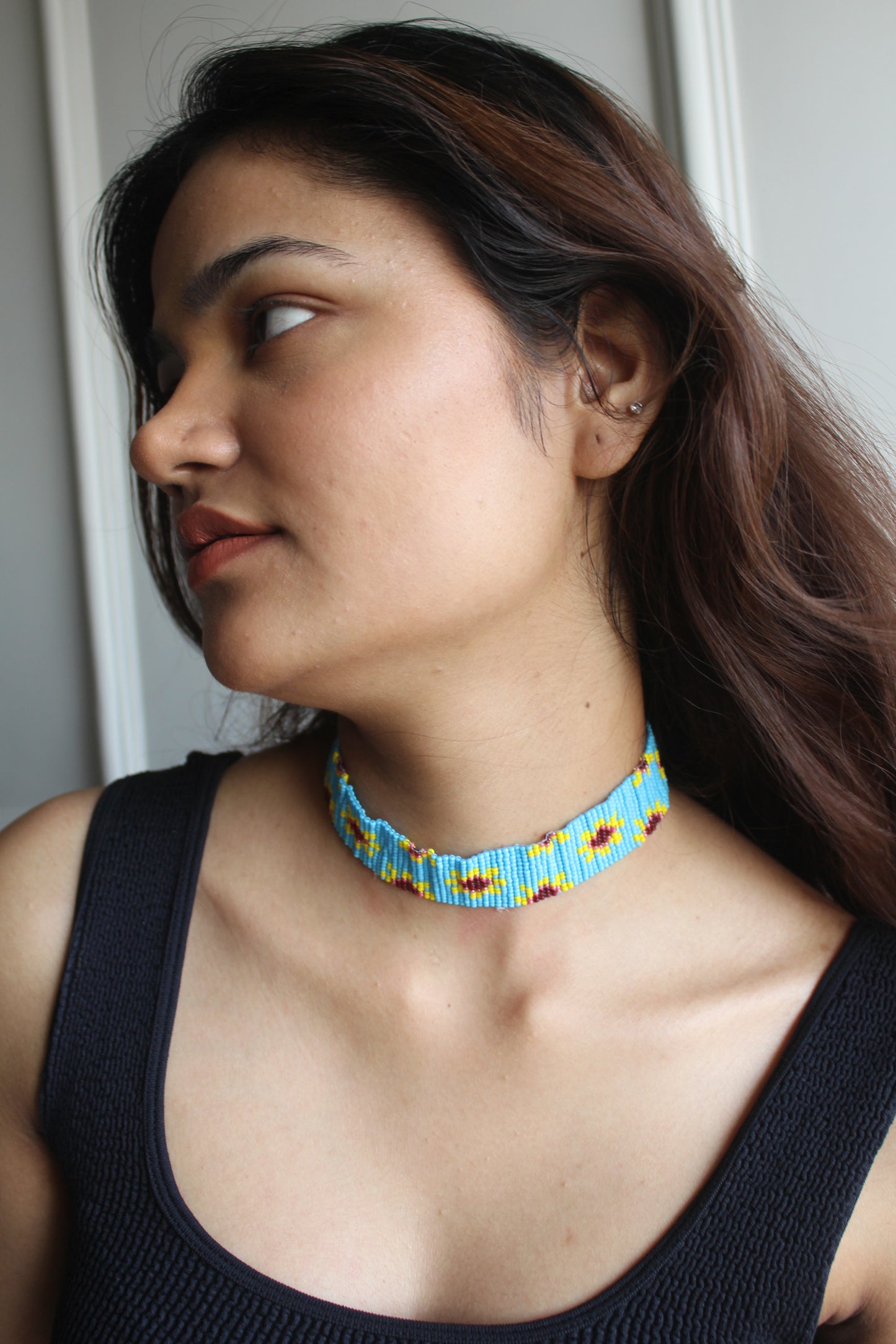 Sunflower | Handmade Blue Beaded Choker Necklace
