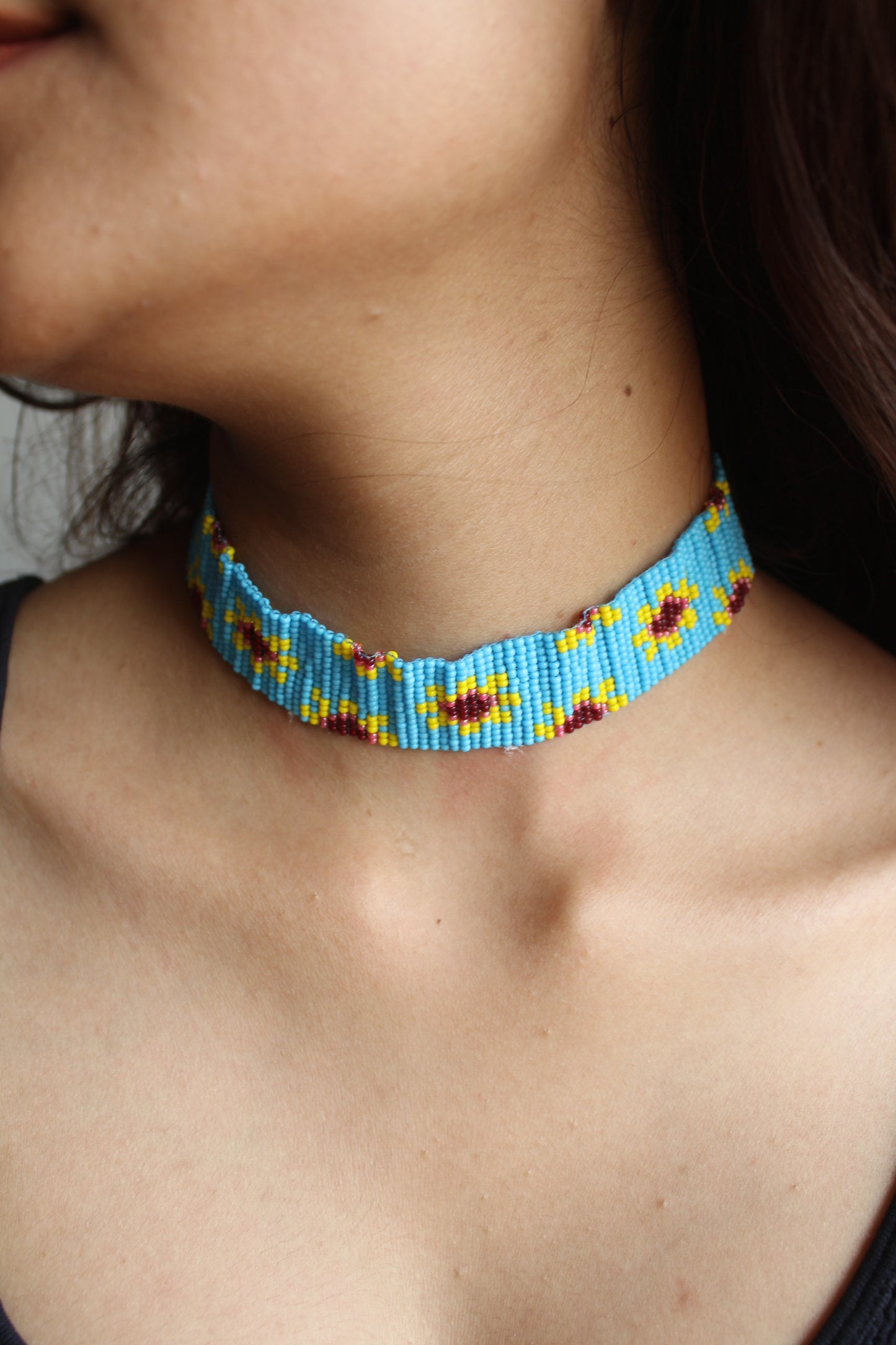 Sunflower | Handmade Blue Beaded Choker Necklace