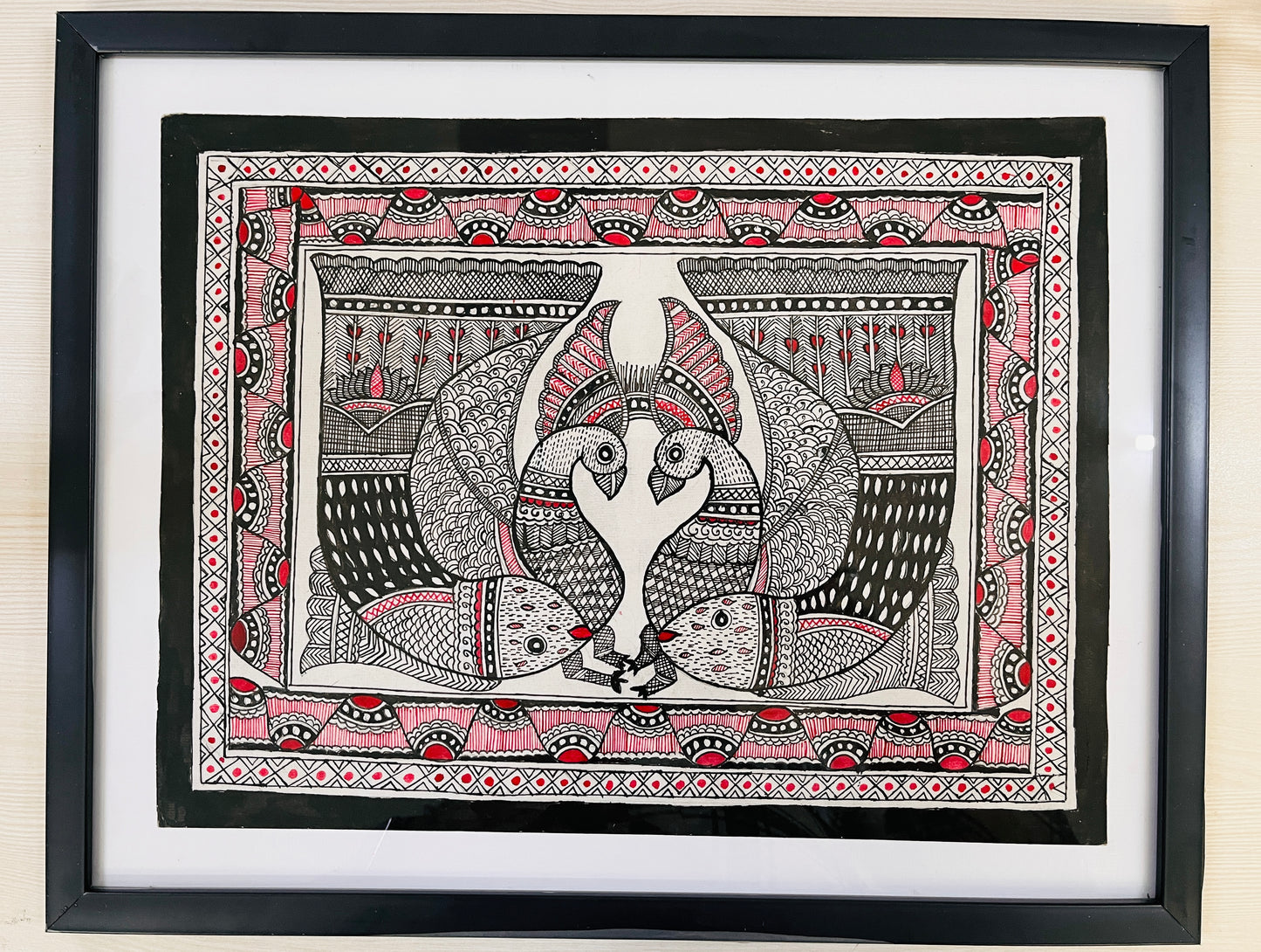 Madhubani Painting| dve Mayūra | 13inch X 16inch with Frame