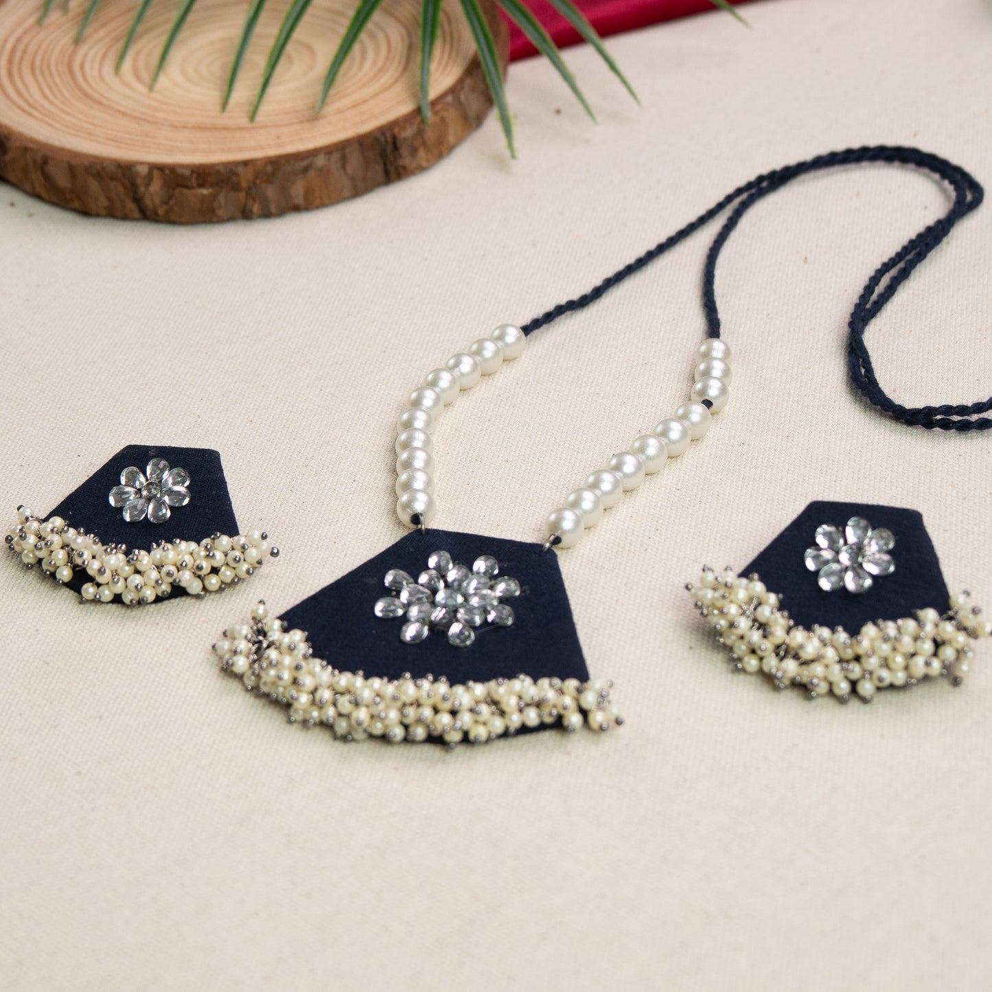 Jhilmil Fabric Necklace Earrings Jewellery Set for Women (Blue)