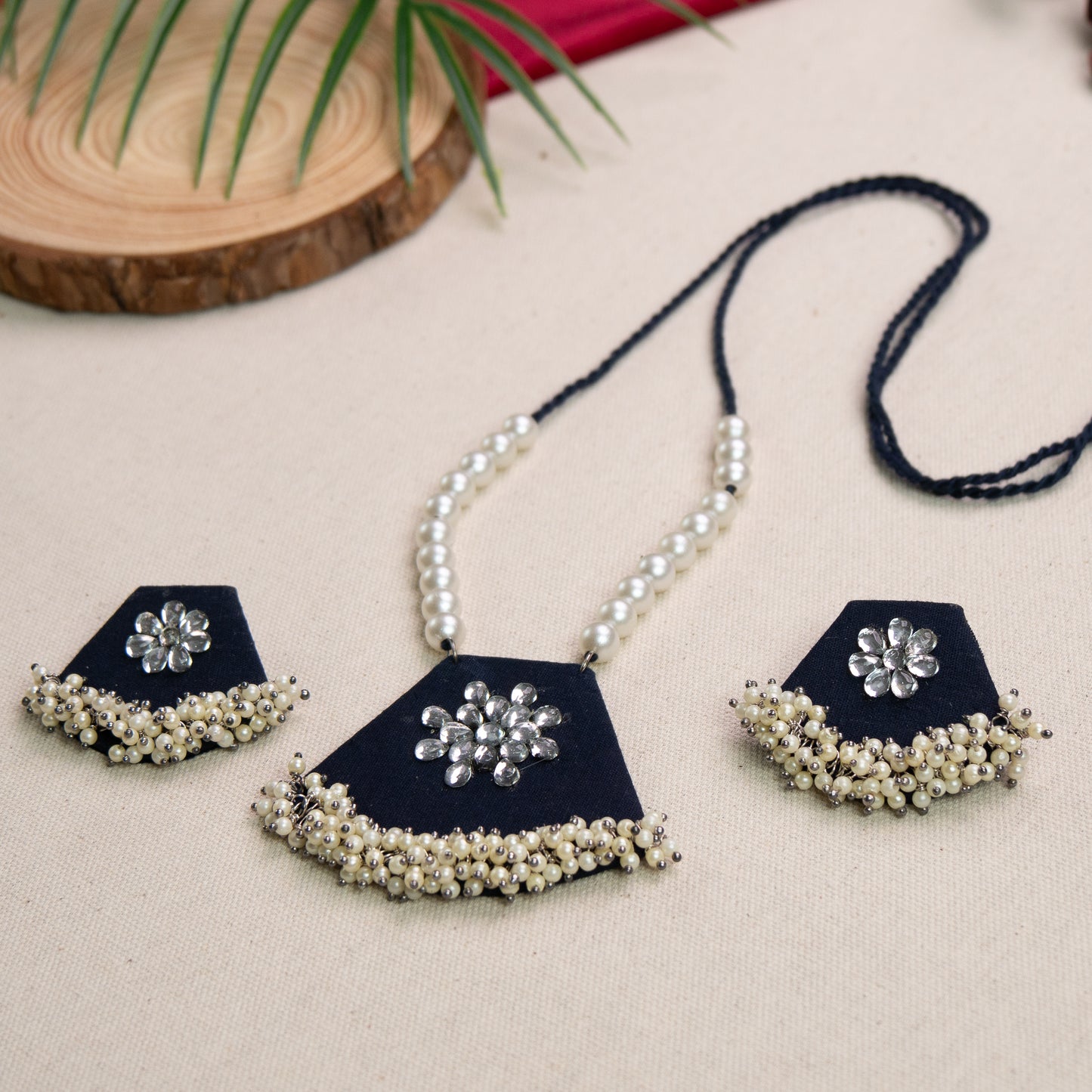 Jhilmil Fabric Necklace Earrings Jewellery Set for Women (Blue)