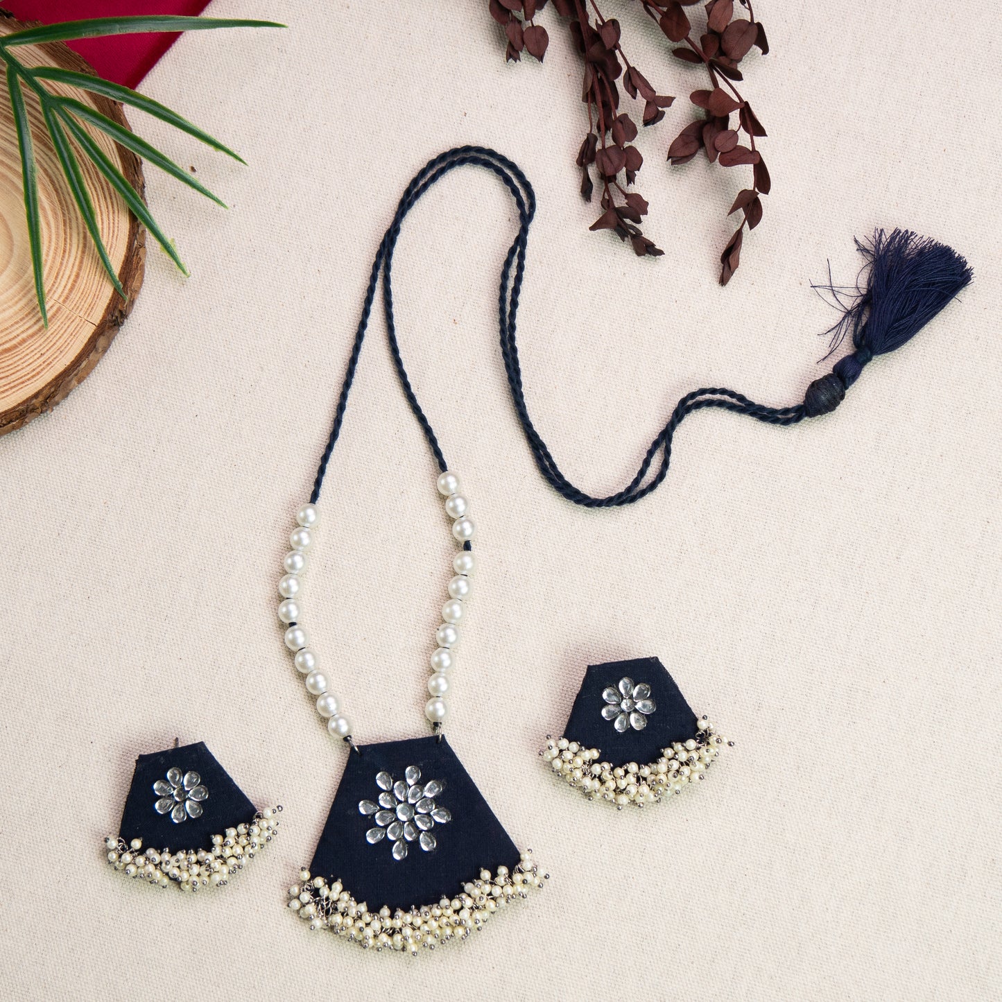 Jhilmil Fabric Necklace Earrings Jewellery Set for Women (Blue)