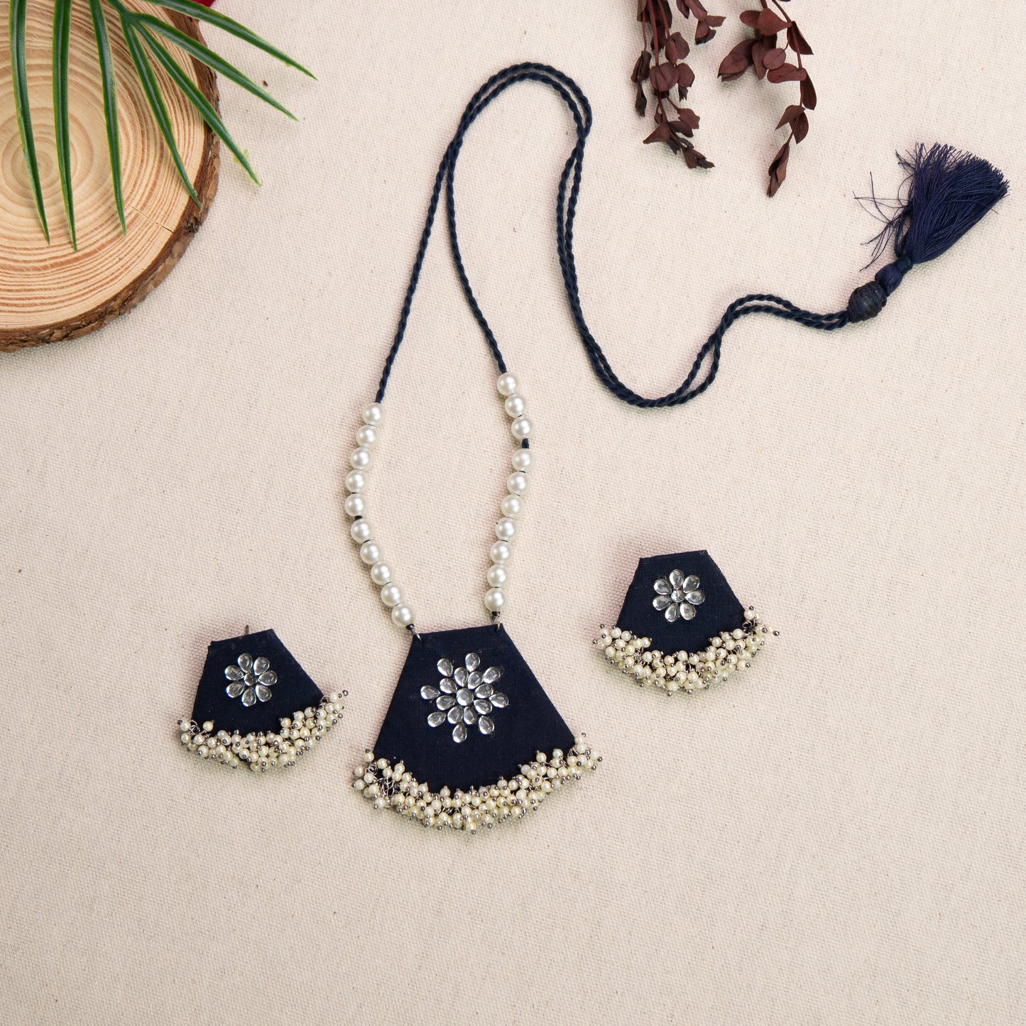 Jhilmil Fabric Necklace Earrings Jewellery Set for Women (Blue)