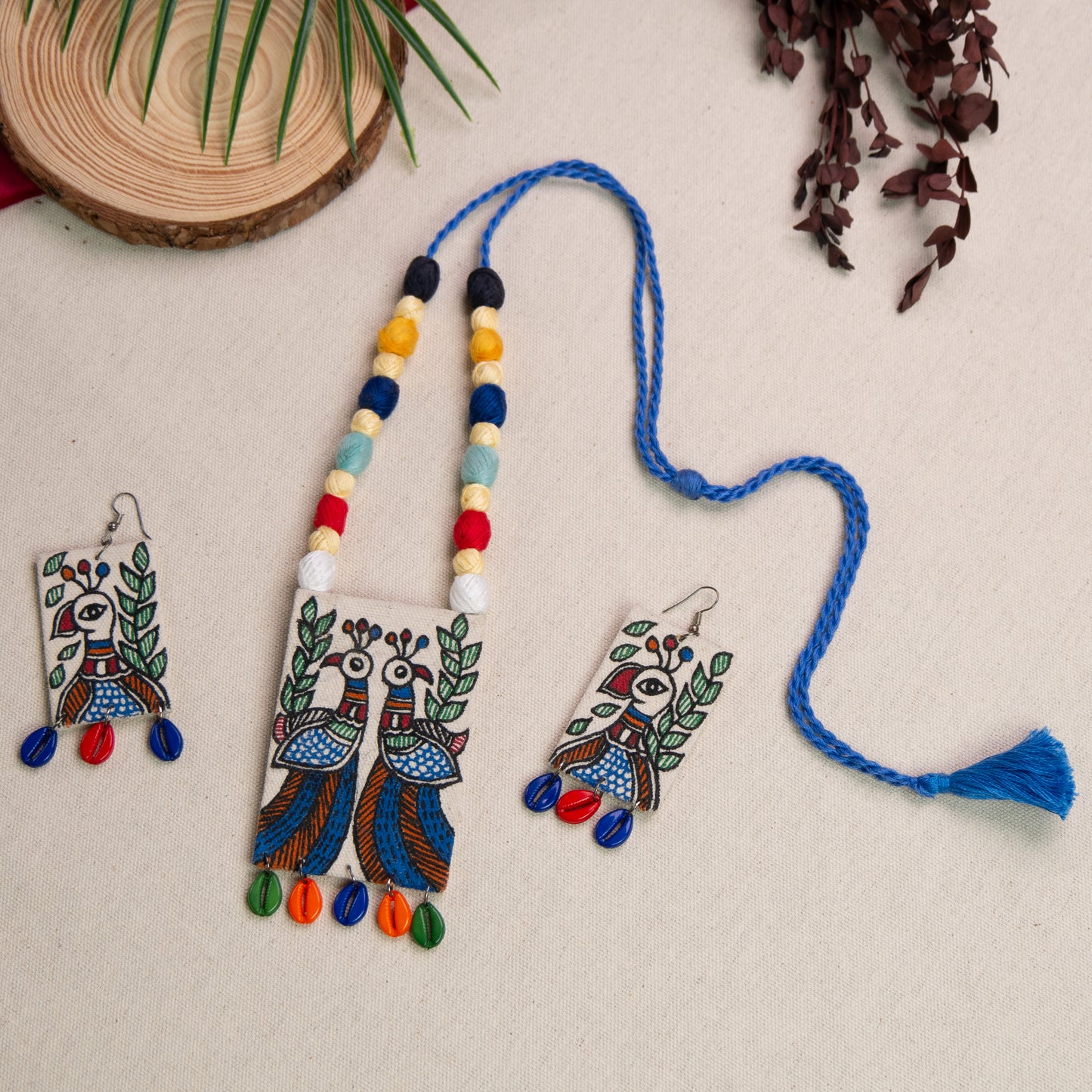 Madhubani Hand-Painted Peacock Necklace Set with Earrings
