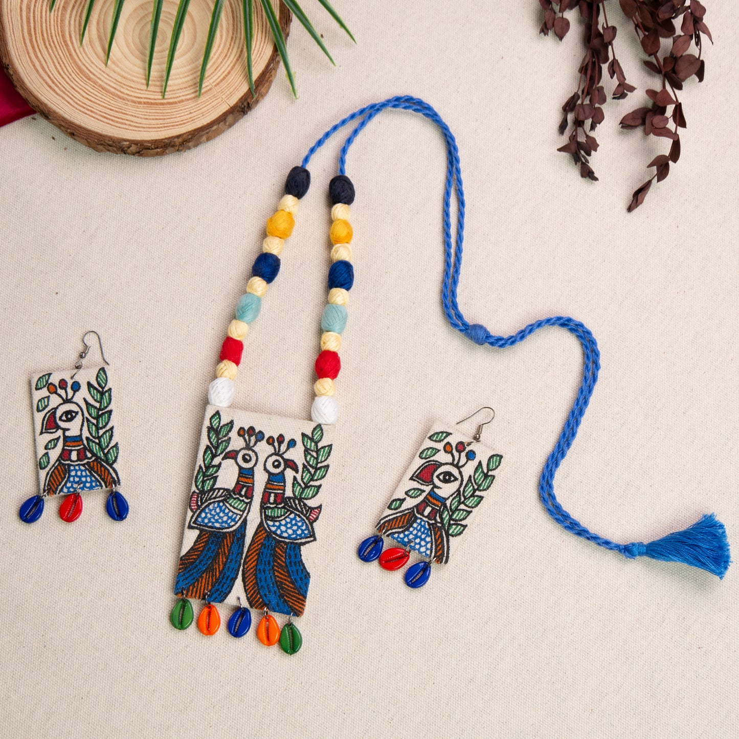 Madhubani Hand-Painted Peacock Necklace Set with Earrings
