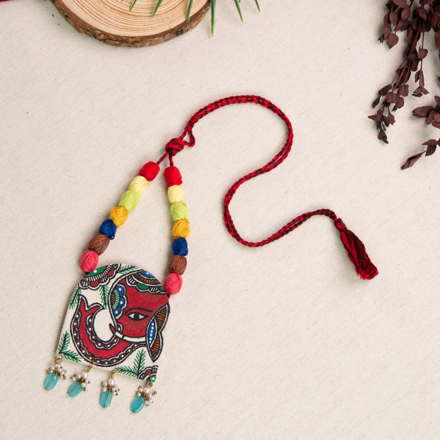 Madhubani Hand-Painted Elephant Necklace Set with Earrings