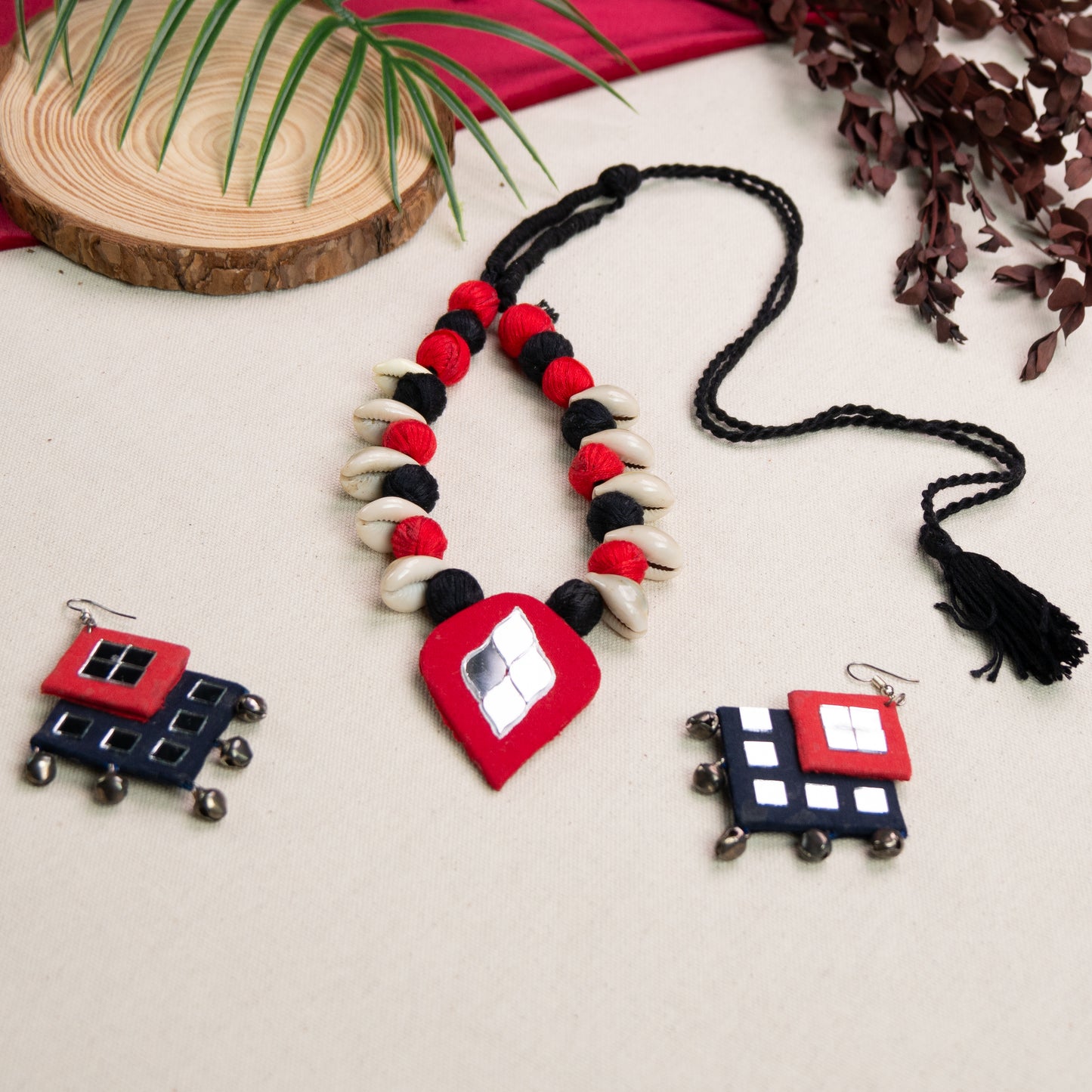 Tejasvi Handmade Fabric Jewellery Set - Adorn with Mirror & Kowrie