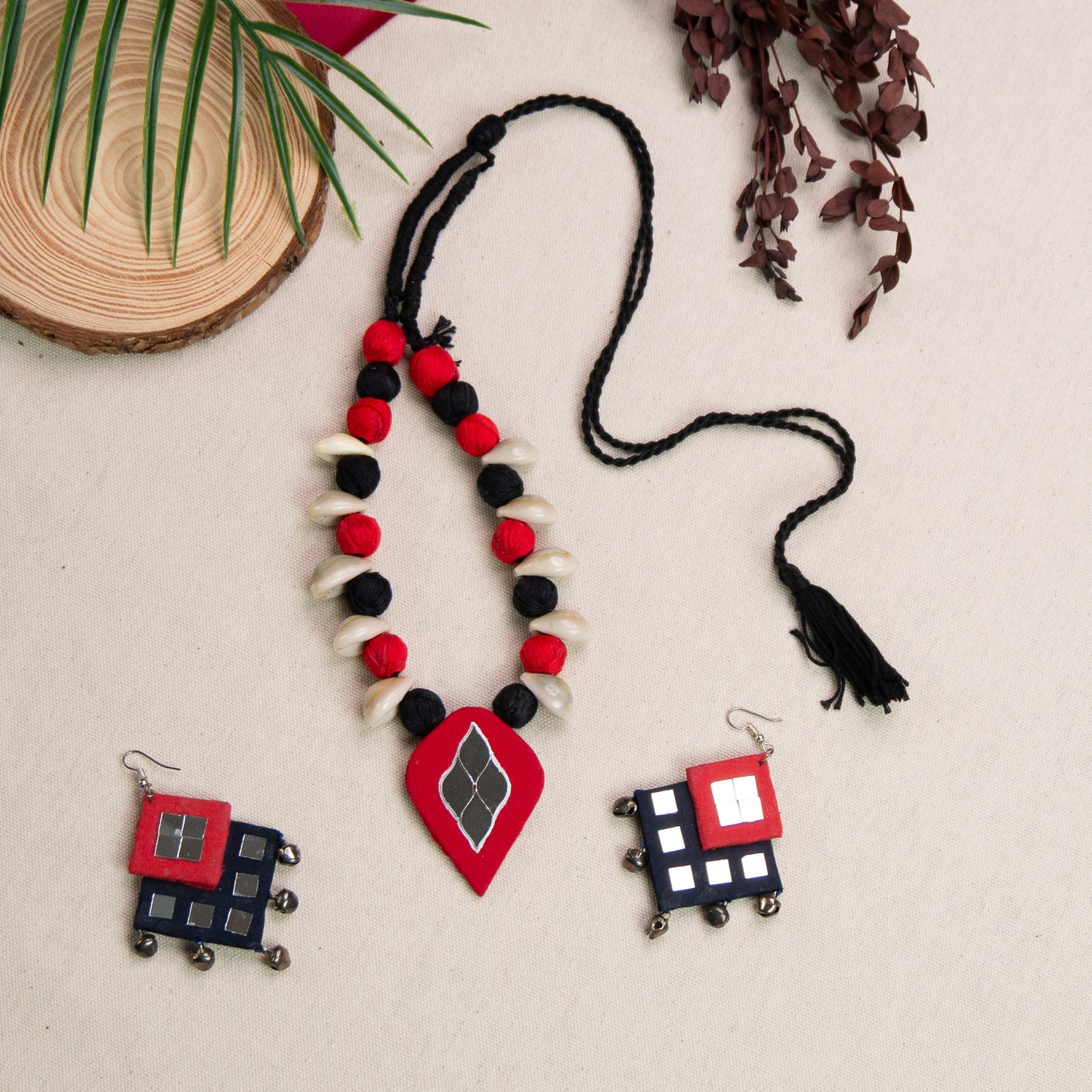 Tejasvi Handmade Fabric Jewellery Set - Adorn with Mirror & Kowrie