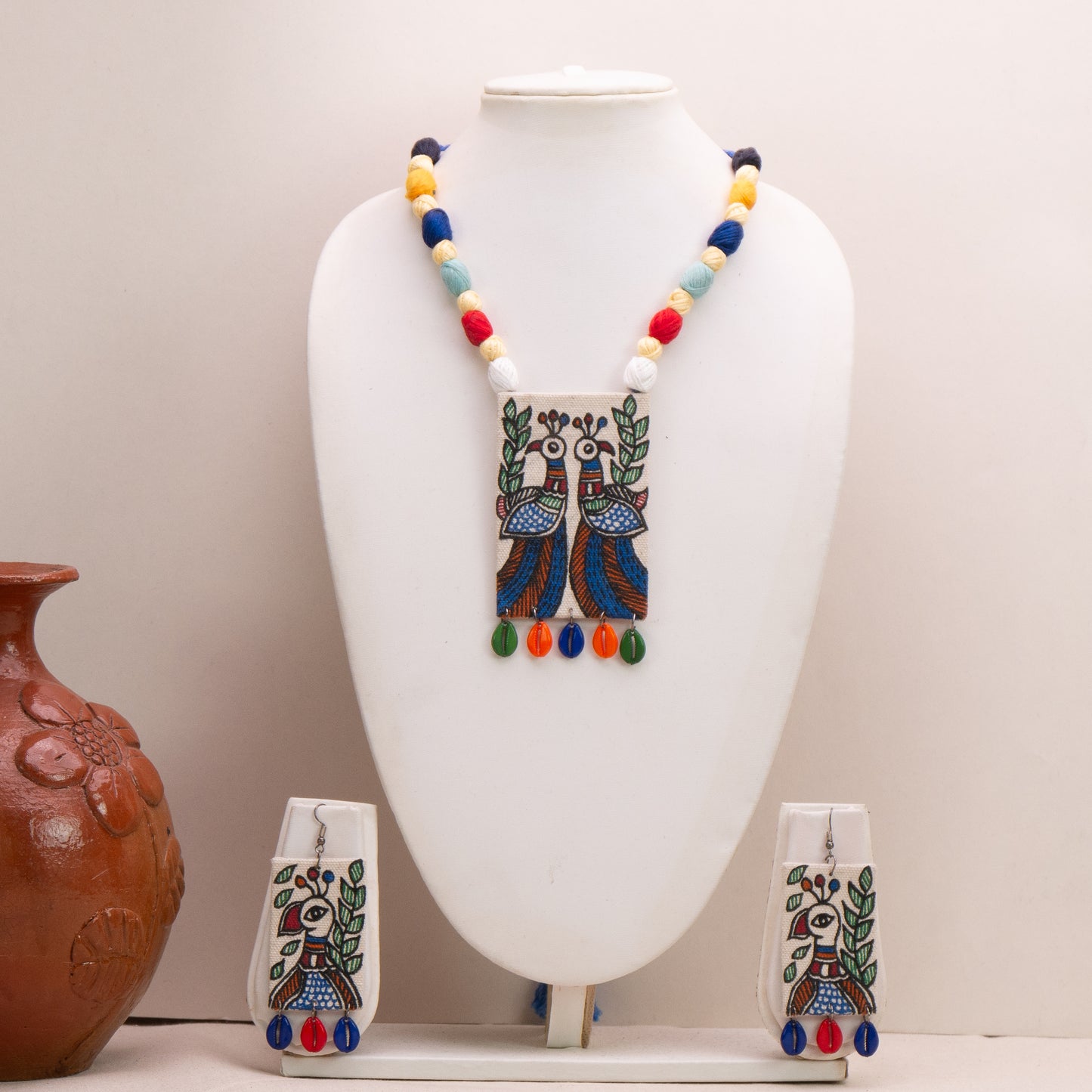 Madhubani Hand-Painted Peacock Necklace Set with Earrings