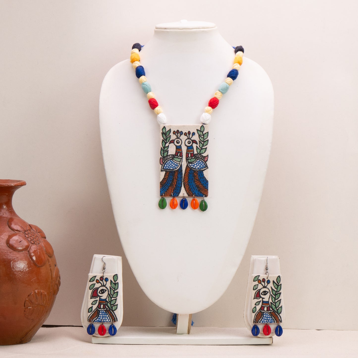 Madhubani Hand-Painted Peacock Necklace Set with Earrings